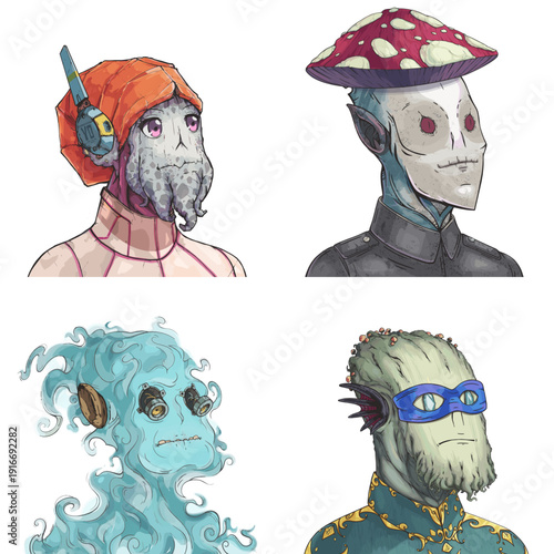 Funny alien avatar pack of spotted squid, grey sleek spy, ghostly undead phantom and green mushroom druid editable digital character set