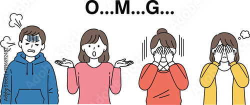 Flat vector illustration of diverse people expressing shock, anger, stress, and frustration with OMG text on white background