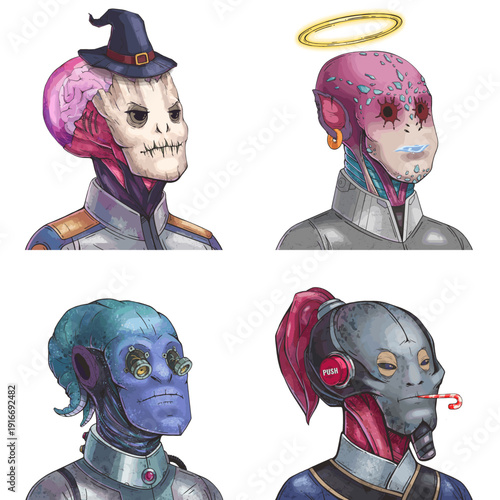 Cool alien avatar pack of big-brained psychic, pink crystal empath, blue aquatic navigator and cybernetic assassin vector character design set
