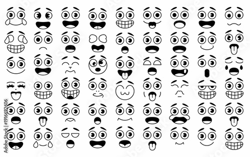 Cartoon Faces Set Expressing Diverse Human Emotions:  Cheerful, Sad, Angry, Happy, Silly, and Surprised Facial Expressions, Isolated Vector Icons for Children's Design, Emoticons, Manga, Animated Char