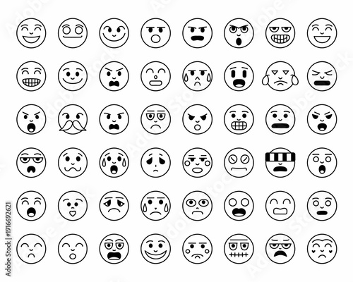 Diverse Emoji Expressions: Capturing a Spectrum of Emotions - From Joy to Sadness - in a Minimalist Outline Style, Ideal for Digital Communication, Social Media Illustrations, Emphasizing Emotional Nu