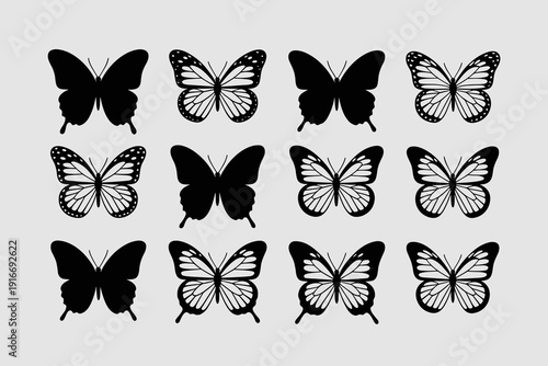 Butterfly Silhouettes Collection: Various Designs, Styles on Soft Gray Background, Illustrations for Nature Conservation, Springtime Designs, Transformative Growth,  Ideal for Wedding Invitations, Sta