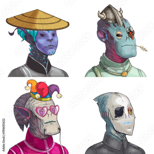 Bizarre alien avatar pack of crystal glowing sorcerer, pale multifaceted oracle, pink horned elder and grey sleek spy editable digital character set