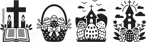 Easter vector icons set, crosses, eggs, churches, and religious symbols