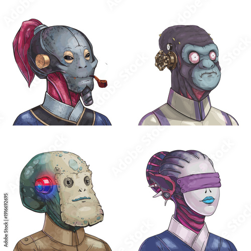 Fierce alien avatar pack of cybernetic assassin, purple gorilla soldier, spotted reptilian trooper and purple masked aristocrat scalable avatar illustration set