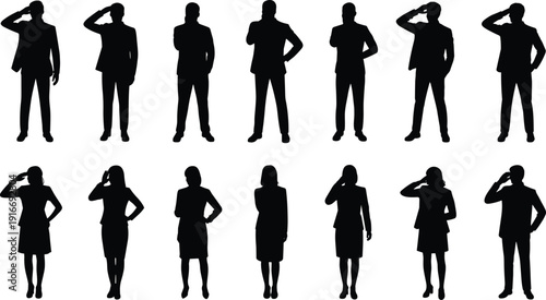 Collection of business professional silhouettes saluting, symbolizing respect, discipline, honor, unity, corporate culture, professionalism, teamwork, and formal gesture representation in modern workp