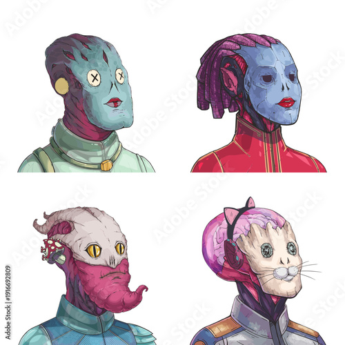 Freaky alien avatar pack of pale multifaceted oracle, red cyberpunk officer, pink strange scout and big-brained psychic vector character design set