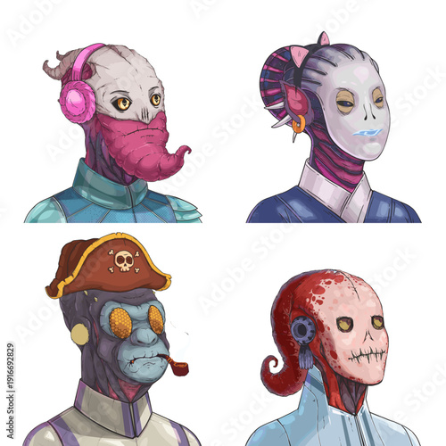 Wacky alien avatar pack of pink strange scout, purple masked aristocrat, purple gorilla soldier and red tentacled medic vector cartoon illustration set