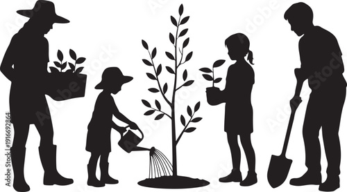 Family planting trees and gardening outdoor poses silhouette set
