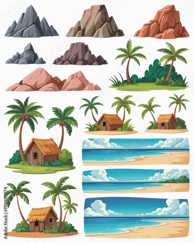 Tropical Island Illustrations: Cartoon Nature Elements for Vacation Designs – Palm Trees, Beaches, Mountains – Ideal for Travel, Tourism, Adventure Media in Children's Books, Games, Summer Resort Mark