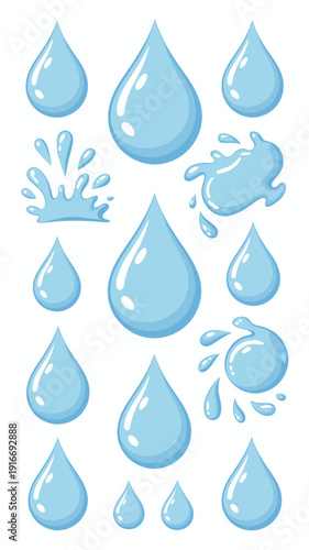 Collection of Blue Water Drops Splashing and Rippling on a White Background, Illustrating Purity, Cleansing, Renewal, and Hydration. Ideal for Eco-Friendly Campaigns, Spa Treatments, Hydration Product