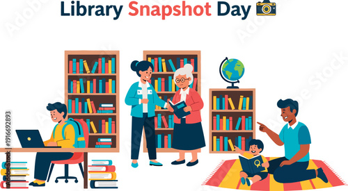 A diverse group of people enjoy library resources together in a welcoming atmosphere, promoting literacy and lifelong learning