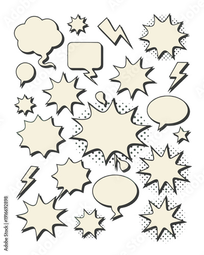 Cartoon Bubbles and Lightning Flash for Retro Comic Book Design: Action, Speech, Communication, and Graphic Elements for Kids' Education and Creative Projects; Vintage Style with Dynamic Shapes on Dar