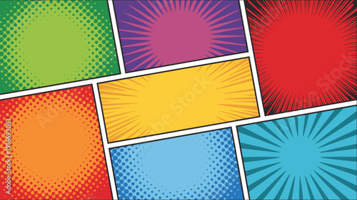 Dynamic Retro Comic Book Panel Backgrounds: Vibrant Illustration Styles for Creative Projects - Action, Explosion Effects, Halftone Patterns, Vintage Aesthetics, Modern Design Template for Graphic Nov