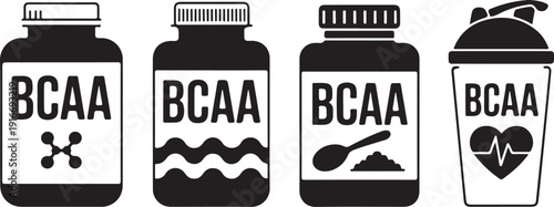 Fitness supplements vector icons set, bcaa powder, capsules, sports drinks