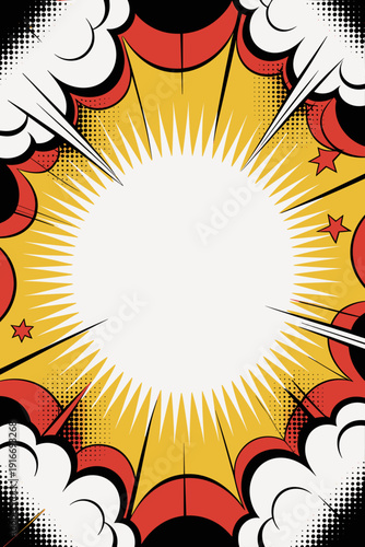 Dynamic Comic Burst Graphic: Retro Pop Art Explosion in Action – Vintage Style Design Element for Superhero Themes, Animated Content, Promotional Material & Bold Visual Statements with High Impact, No