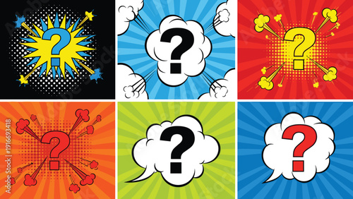 Colorful comic pop art question mark backgrounds set, abstract explosion clouds flat vector illustration design collection