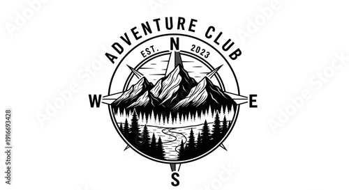 Adventure Club Compass Logo with Mountains and Forest.