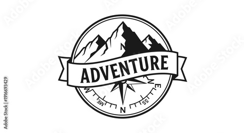 Adventure Emblem with Mountains and Compass for Outdoor Exploration.