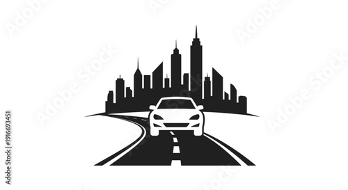 Car driving on a road towards a city skyline silhouette.