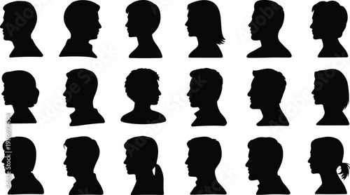 Collection of diverse human head silhouettes in grid layout, representing identity, facial recognition, hairstyle variety, individuality, diversity, and artistic design in modern society
