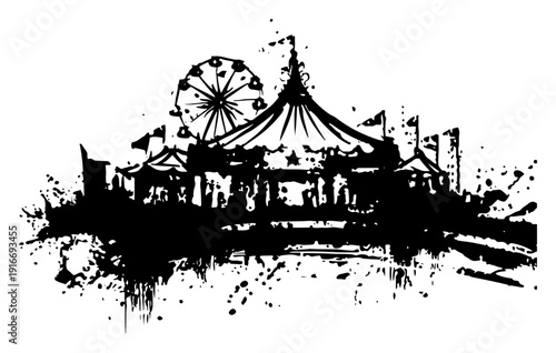 Ink splatter illustration of a vintage carnival amusement park with a big top tent and ferris wheel