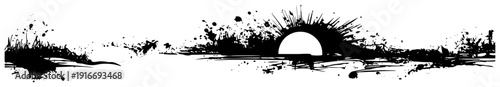 Artistic horizon landscape with a setting sun and grass in a black ink splatter texture