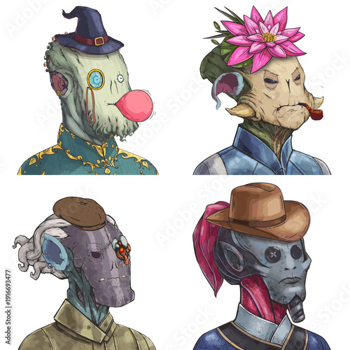 Bizarre alien avatar pack of green mushroom druid, green insectoid pilot, dreadlocked hunter and cybernetic assassin vector character design set