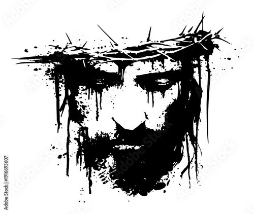 Artistic portrait of Jesus Christ wearing crown of thorns in ink splatter style