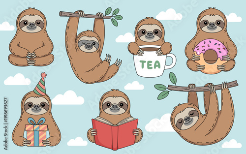 Adorable Sloths Set in Playful Illustration Style: Relaxing & Enjoying Tea, Donuts, Reading, Hanging, Meditating on Blue Sky Background with Clouds. Ideal for Children’s Books, Stationery, Prints, Hap