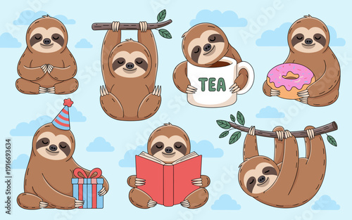 Cute Sloth Characters Enjoying Life Vector Illustration: Adorable Lazy Animals in Various Poses – Reading, Meditating, Drinking Tea, Celebrating; Perfect for Children's Designs and Positive Lifestyle