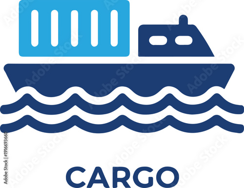 Cargo ship icon with shipping container and ocean waves for maritime logistics