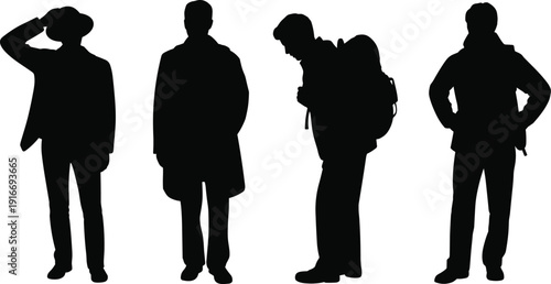 Collection of diverse human silhouettes in different poses, representing traveler, observer, professional, and casual stance, symbolizing individuality, lifestyle, exploration, and modern identity