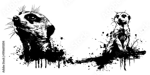 Two curious meerkats standing in artistic ink splatter and grunge vector style
