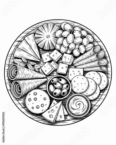 Elegant Charcuterie Board Illustration on Wooden Platter: A Delightful Array of Cheeses, Grapes, Olives, Crackers, and Rolled Meats for Upscale Catering, Fine Dining, and Gourmet Indulgence, Featuring