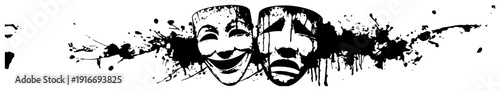 Classic theater drama masks for comedy and tragedy in dramatic ink splash design