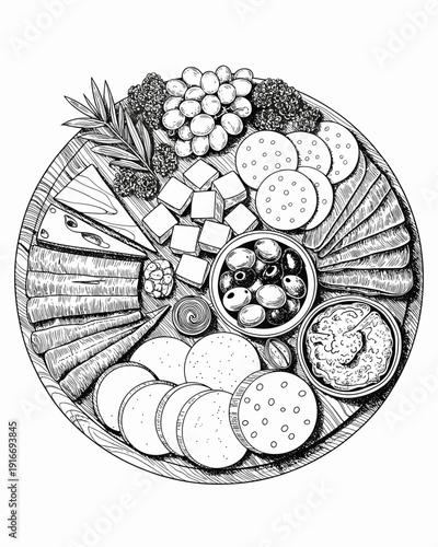 Elegant Charcuterie Board Arrangement for Entertaining: Delicious Selection of Cheeses, Meats, Fruits, and Olives for Gatherings, Celebrations, Gourmet Tasting, Black and White Illustration, Detailed