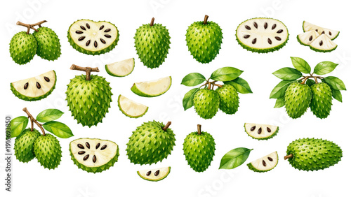 A charming watercolor collection of tropical soursop, including ripe prickly fruits, cross-sections with dark seeds, fresh cut slices, and vibrant green foliage.
