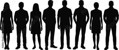 Collection of diverse human silhouettes in dresses and pants, symbolizing fashion variety, individuality, demographic representation, lifestyle diversity, and modern identity illustration