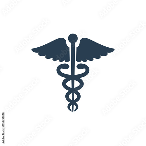 A gold caduceus medical symbol with two snakes and wings on a white background serves as a professional healthcare icon and pharmaceutical vector emblem for hospital doctor or pharmacy logo design