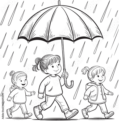 in Rainy Day Three Girls Sharing an Umbrella in Rain Coloring Book Art