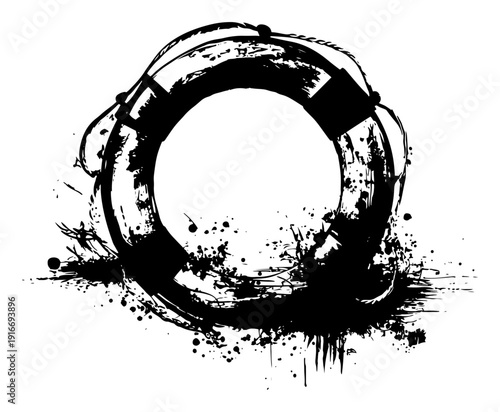 Nautical lifebuoy ring with artistic ink splatters and distressed grunge textures