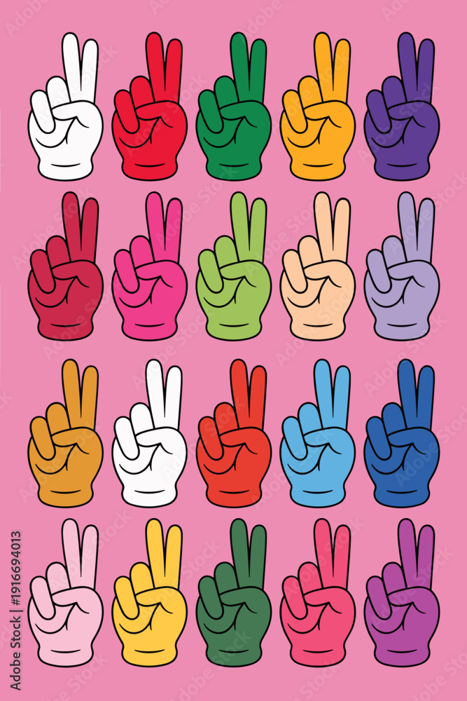Fototapeta premium Vibrant Peace Signs Pattern on Pink Background: Promoting Harmony and Unity with Colorful Hand Gestures in a Playful Display; Ideal for Graphic Design, Social Awareness, and Retro-Themed Art Projects,
