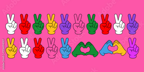 Colorful Peace Sign & Heart Hands Pattern on Pink Background: Vibrant Symbolism for Unity, Harmony, Understanding,  Love & Optimism for Generational Social Media Content, Vector Design, Illustration S