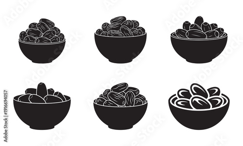 Six black silhouette icons of bowls filled with dates, representing healthy dried fruit snacks.