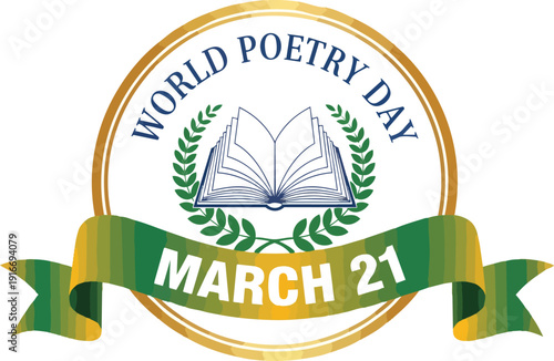 World Poetry Day emblem with book and laurel.