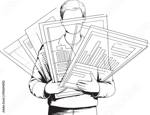 Information Overload Businessman with Charts Sketch