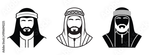 Three black and white illustrations of Arab men wearing traditional head coverings and attire, with detailed beards.