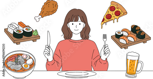 Minimalist vector illustration of a young woman sitting at a table with sushi pizza ramen and fried chicken