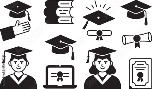 Graduation doodle illustration including flat icons - student in cap, diploma certificate scroll, university degree. Glyph silhouette art about high school education